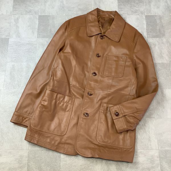 【本革 ラムレザー】美品 GRANDLY MEN レザージャケット 羊革 メンズ 大きいサイズ LLサイズ ブラウン_画像1