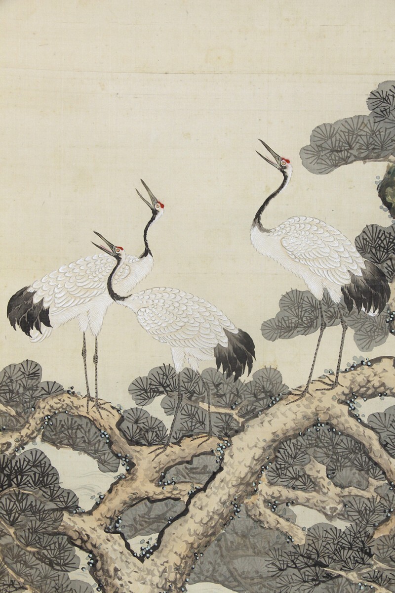 [ Edo animal picture ] hanging scroll [.. mountain pine crane ..] two multi-tiered food box Edo latter term writing person painter money gold .* Watanabe . mountain . under picture 
