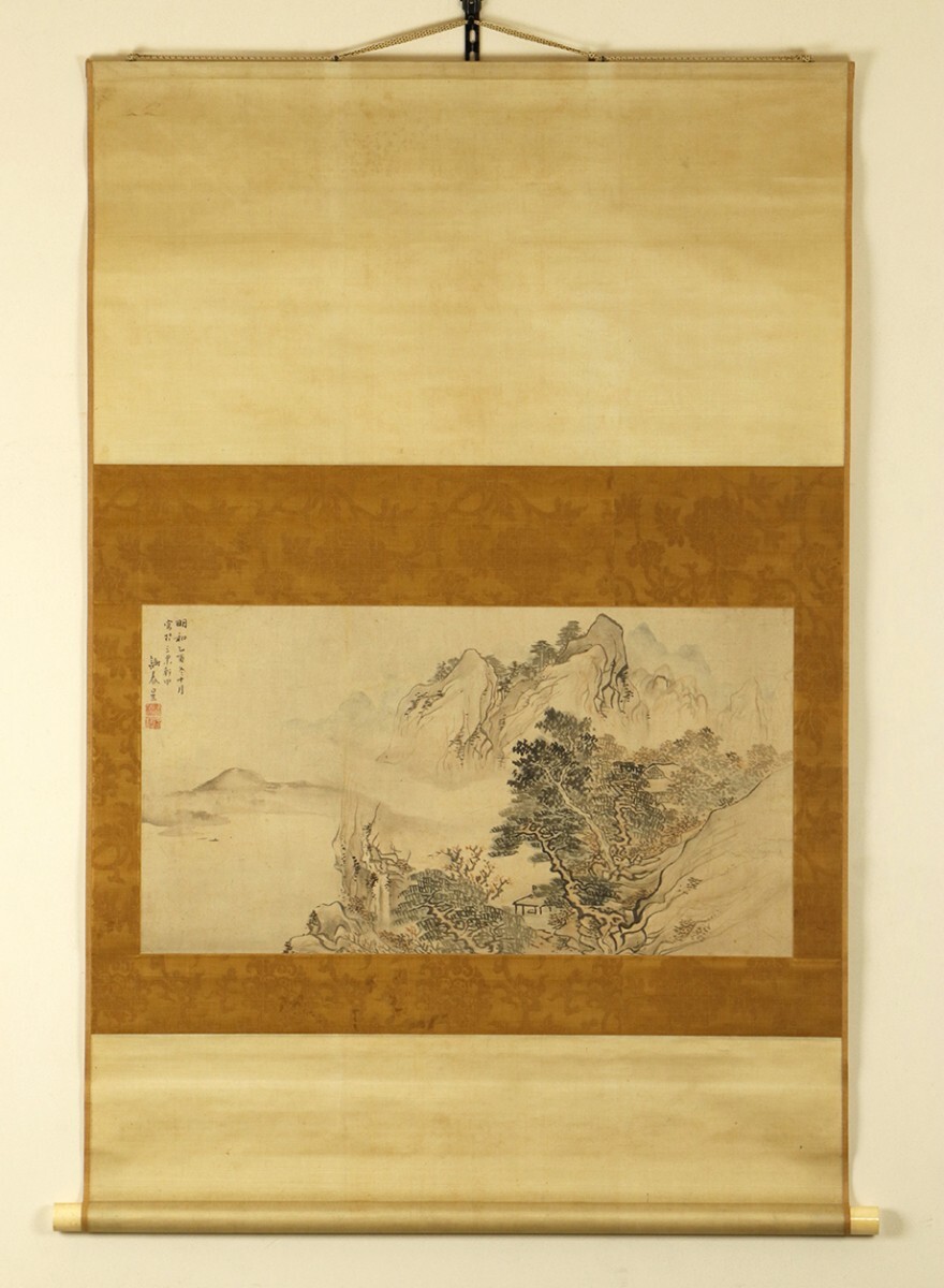 [ genuine work ] hanging scroll [.... autumn . landscape map ] Meiwa 2 year 49 -years old .. large . night half . Song .. under Edo ... Takumi three large . person picture 
