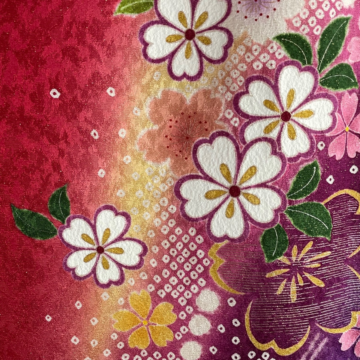  long-sleeved kimono length 162cm sleeve length 66.5cm M. Sakura gold through . gold thread red silk excellent article [ used ]