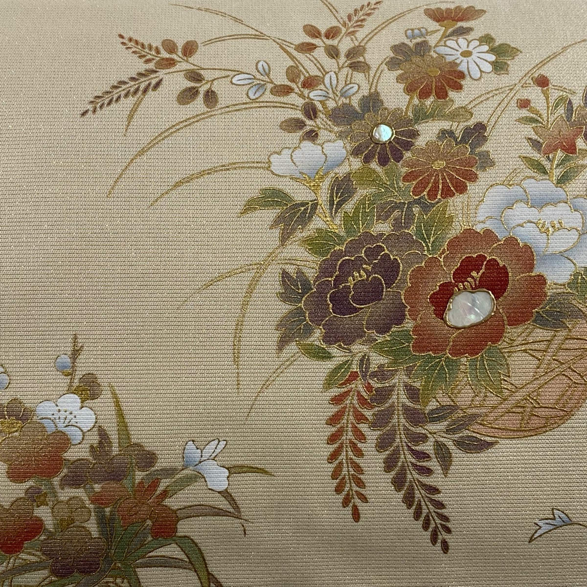 名古屋帯 美品 秀品 花籠 螺鈿 金彩 ベージュ 正絹 【中古】_バイセル 14118_2