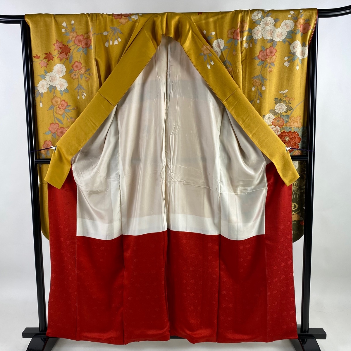  long-sleeved kimono length 162cm sleeve length 65.5cm M.. flower .. gold paint bokashi mountain blow color silk name goods [ used ]