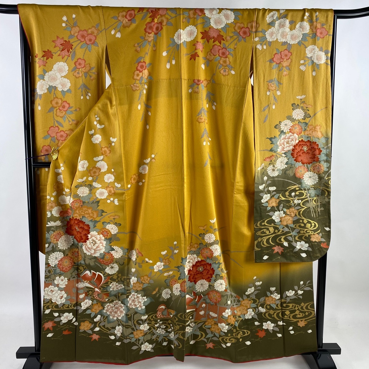  long-sleeved kimono length 162cm sleeve length 65.5cm M.. flower .. gold paint bokashi mountain blow color silk name goods [ used ]