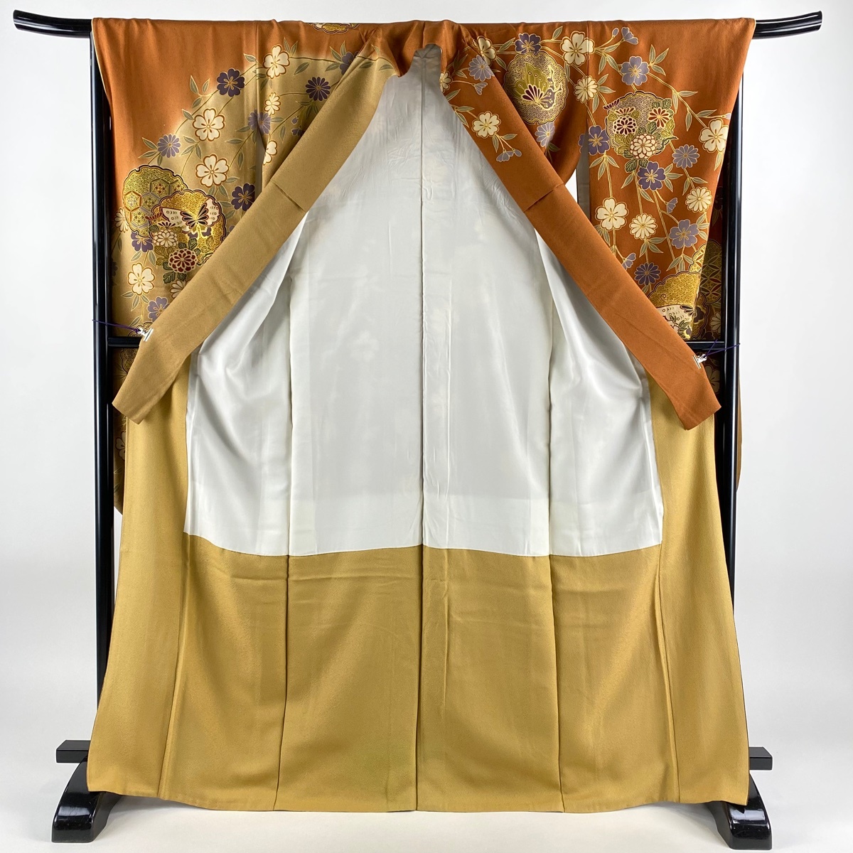  long-sleeved kimono length 167.5cm sleeve length 67.5cm L. snow wheel butterfly gold thread gold paint red tea silk preeminence goods [ used ]