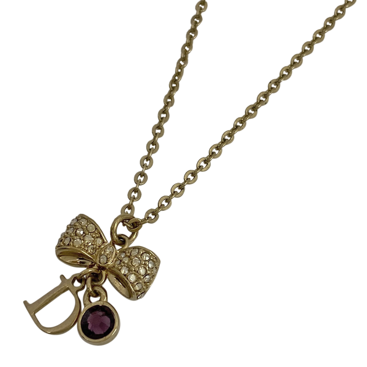クリスチャンディオール Christian Dior ロゴ ラインストーン ネックレス リボンモチーフ GP ゴールド パープル レディース 【中古】
