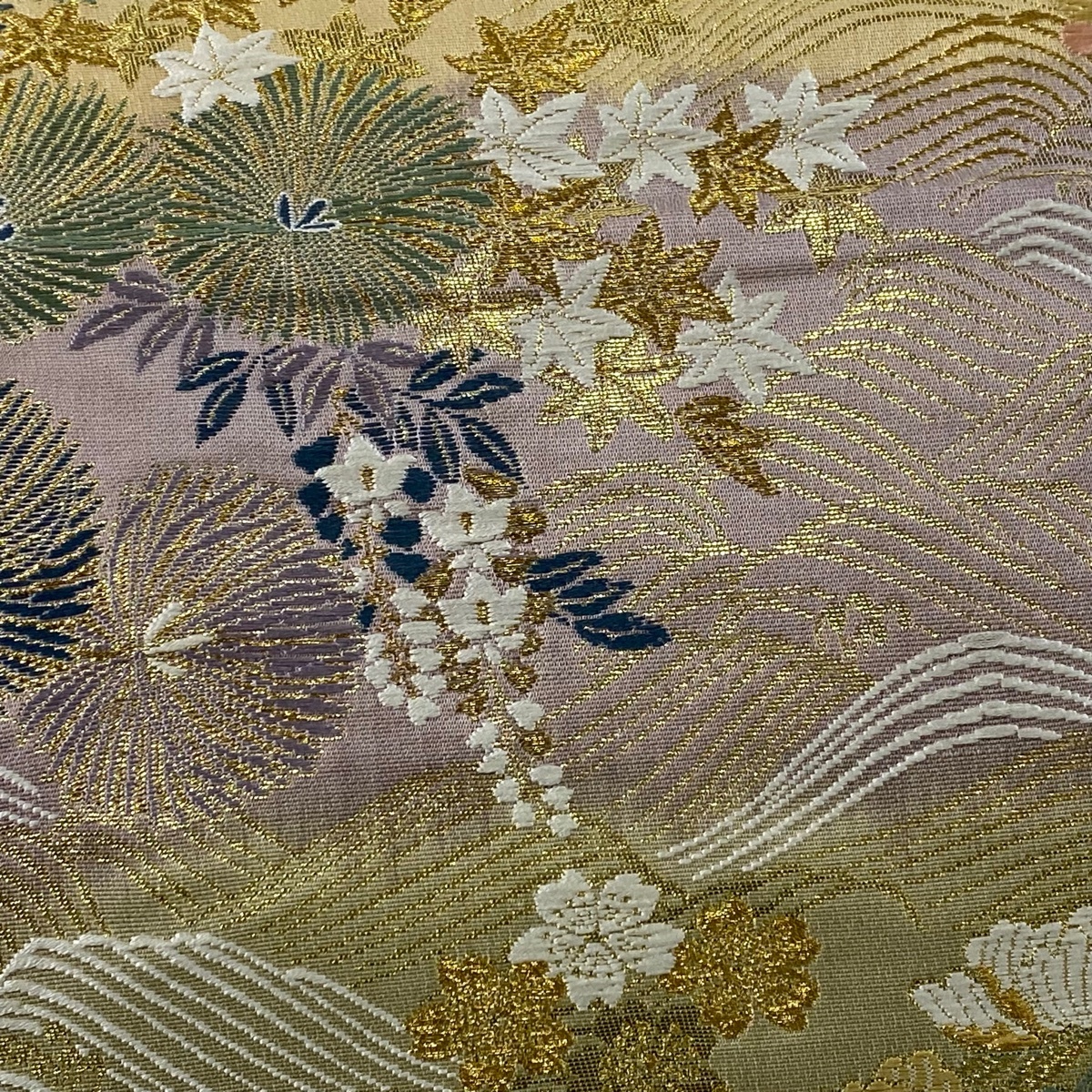 袋帯 美品 秀品 草花 尾長鳥 金糸 箔 クリーム 六通 正絹 【中古】_バイセル 14117_2