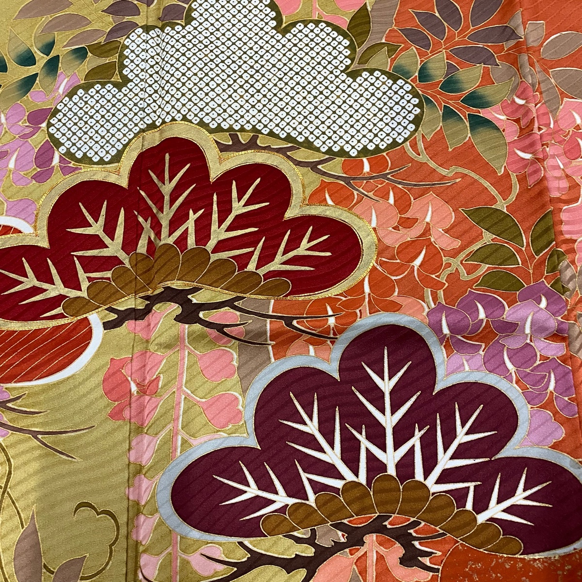  long-sleeved kimono length 158cm sleeve length 66.5cm M.. pine wistaria gold thread gold paint orange silk name goods [ used ]