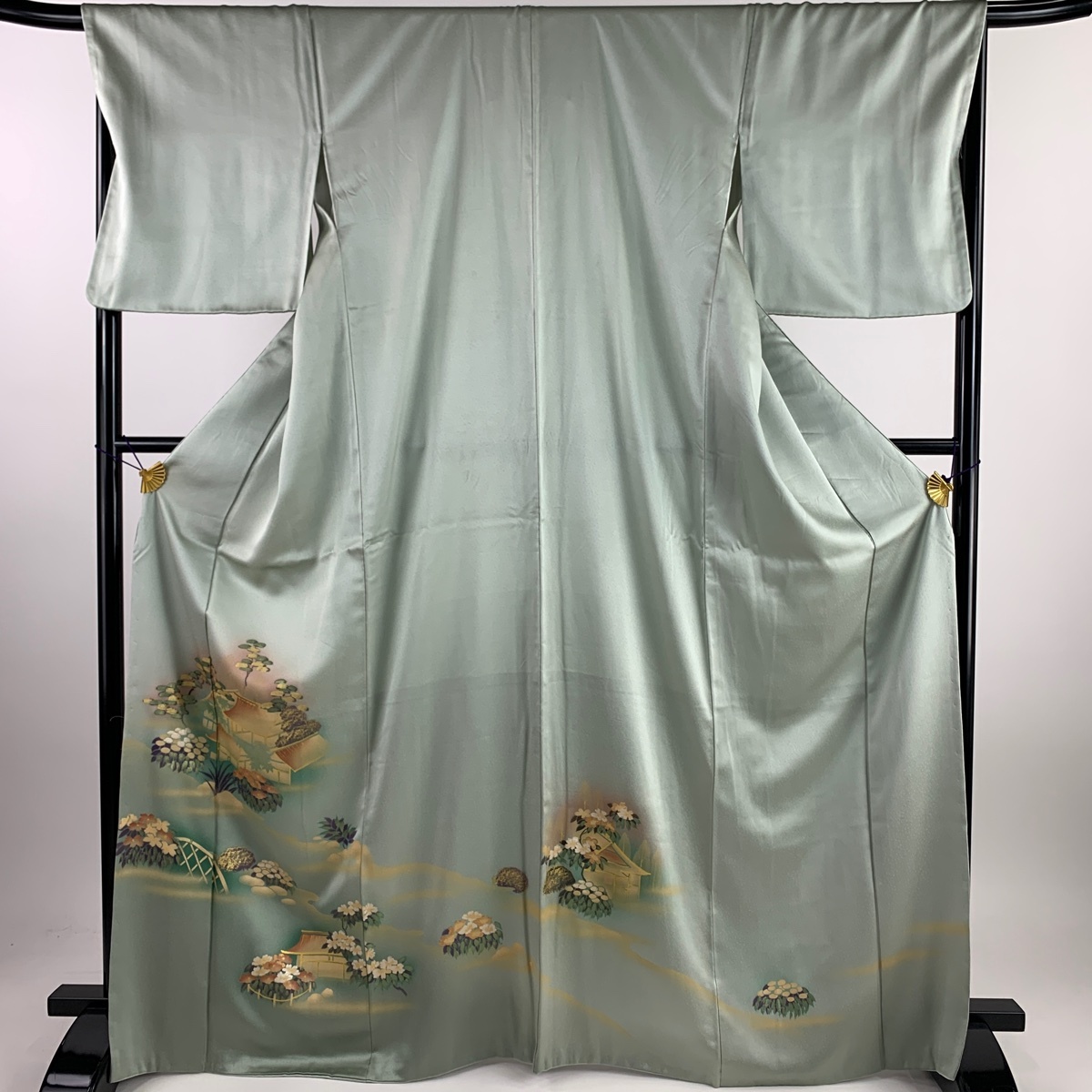  color tomesode length 167.5cm sleeve length 68.5cm L. building pine gold paint bokashi ash green silk super goods [ used ]
