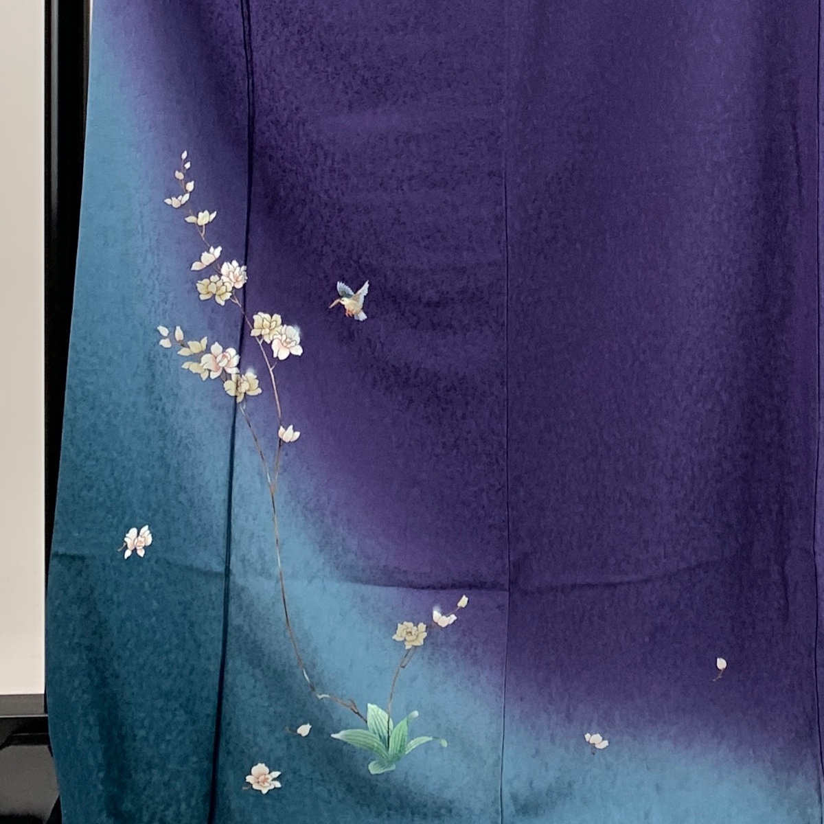 付下げ 身丈167cm 裄丈67.5cm L 袷 やまと 枝花 鳥 金銀彩 刺繍 紺色 正絹 美品 秀品 【中古】_バイセル 14089_2