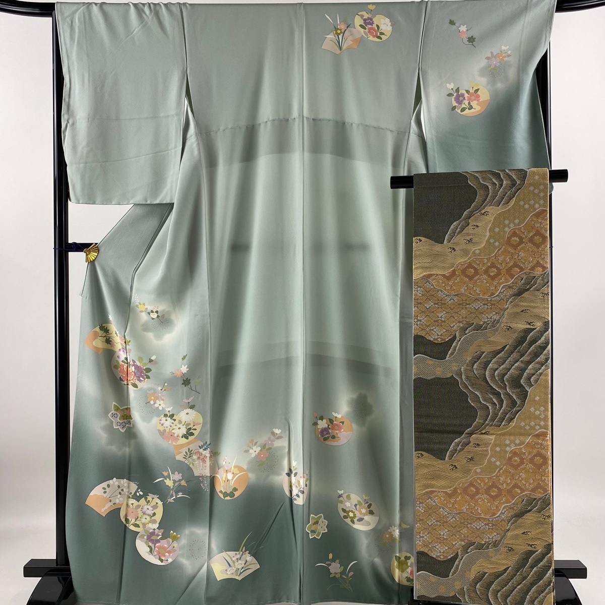 訪問着 身丈167cm 裄丈67cm M 袷 袋帯セット 草花 扇面 金糸 灰緑 正絹 美品 秀品 【中古】_バイセル 14088_1