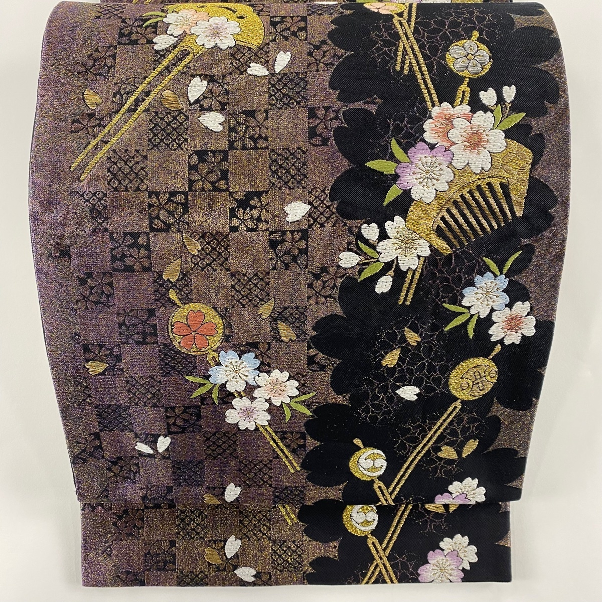 袋帯 秀品 やまと 桜 簪 金糸 刺繍 灰紫 六通 正絹 【中古】_バイセル 14117_1