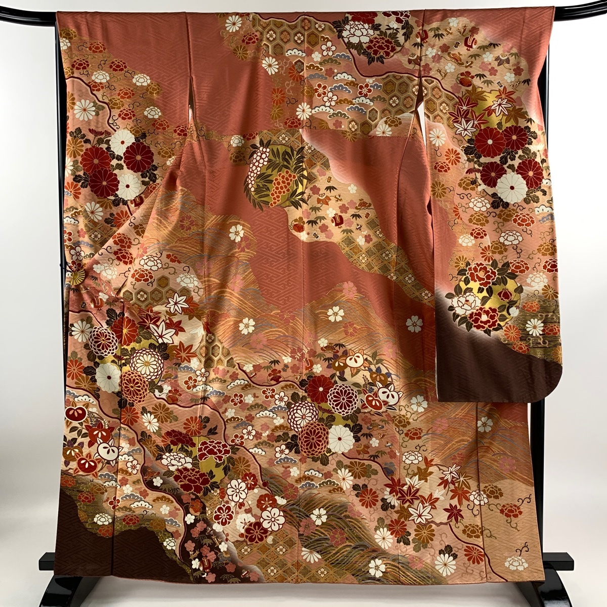 振袖 身丈163cm 裄丈67cm M 袷 花丸文 松竹梅 金彩 金糸 ピンクベージュ 正絹 美品 名品 【中古】_バイセル 14087_1