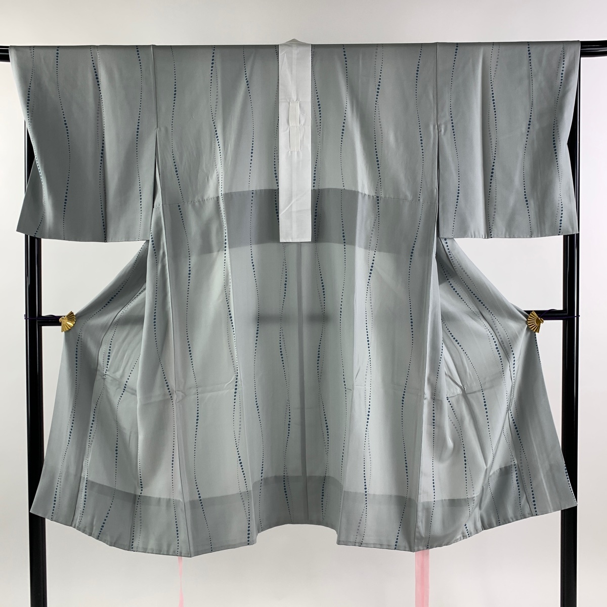 長襦袢 身丈122cm 裄丈68cm L ドット よろけ縞 灰緑 正絹 美品 秀品 【中古】