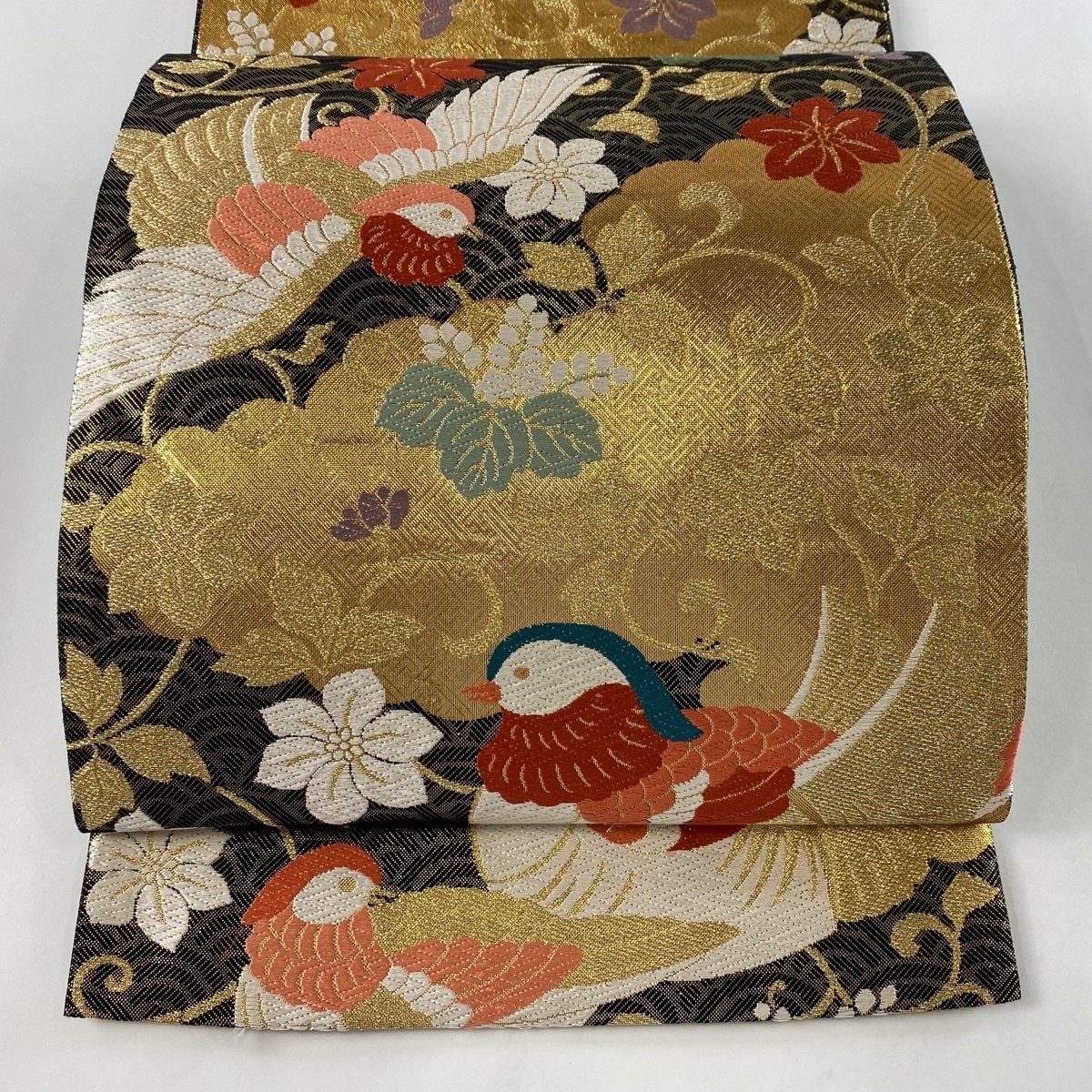 袋帯 美品 秀品 鴛鴦 花唐草 唐織 箔 黒 六通 正絹 【中古】_バイセル 14117_1