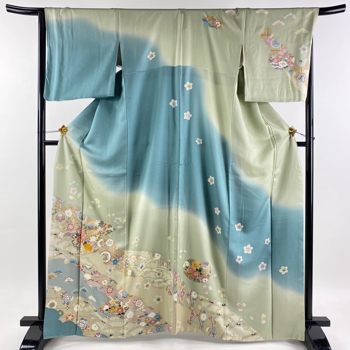 訪問着 身丈164.5cm 裄丈67.5cm L 袷 団扇 草花 金糸 金彩 薄緑 正絹 秀品 一つ紋 【中古】_バイセル 14088_1