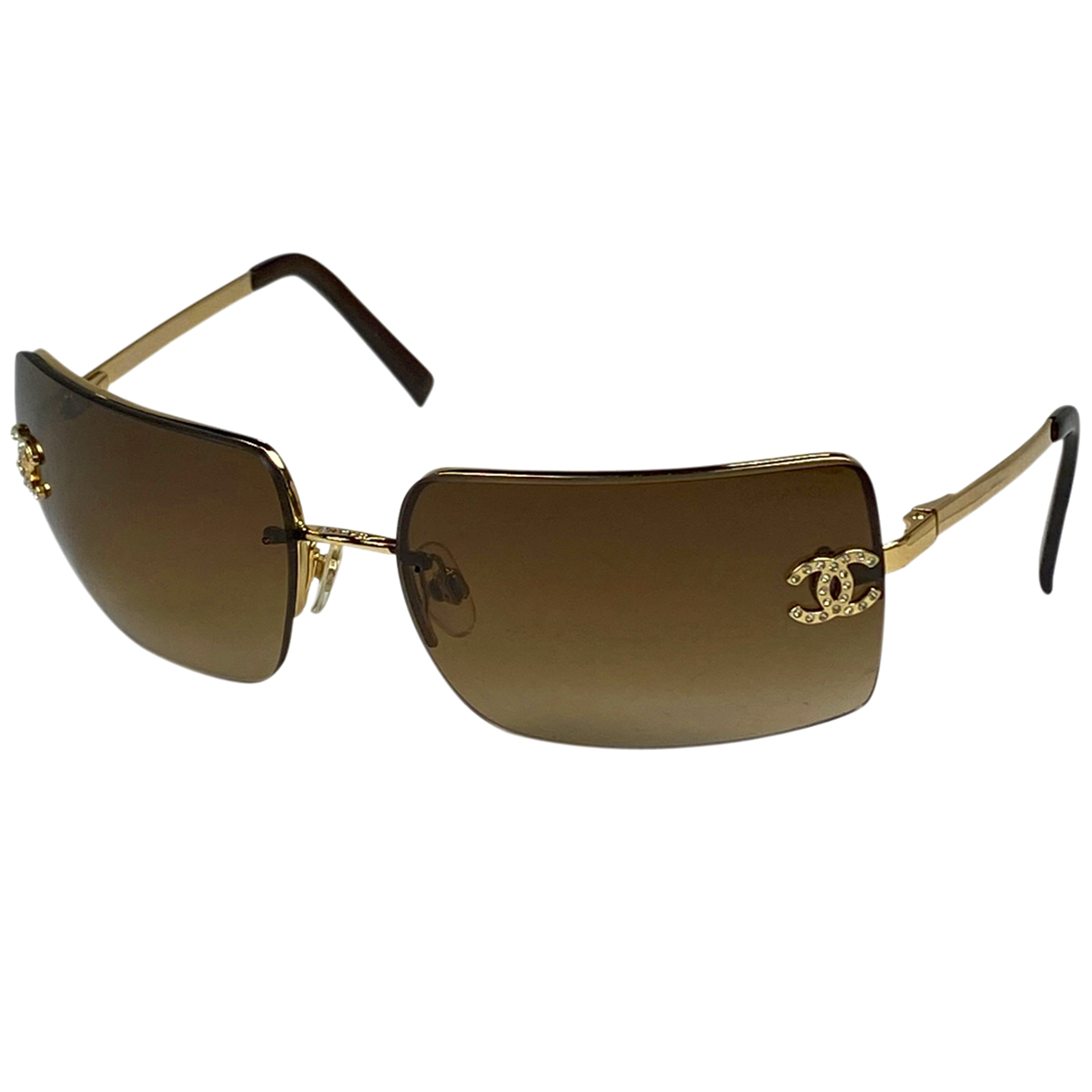  Chanel CHANEL here Mark sunglasses half rim rhinestone sunglasses metal Brown 4092B lady's [ used ]