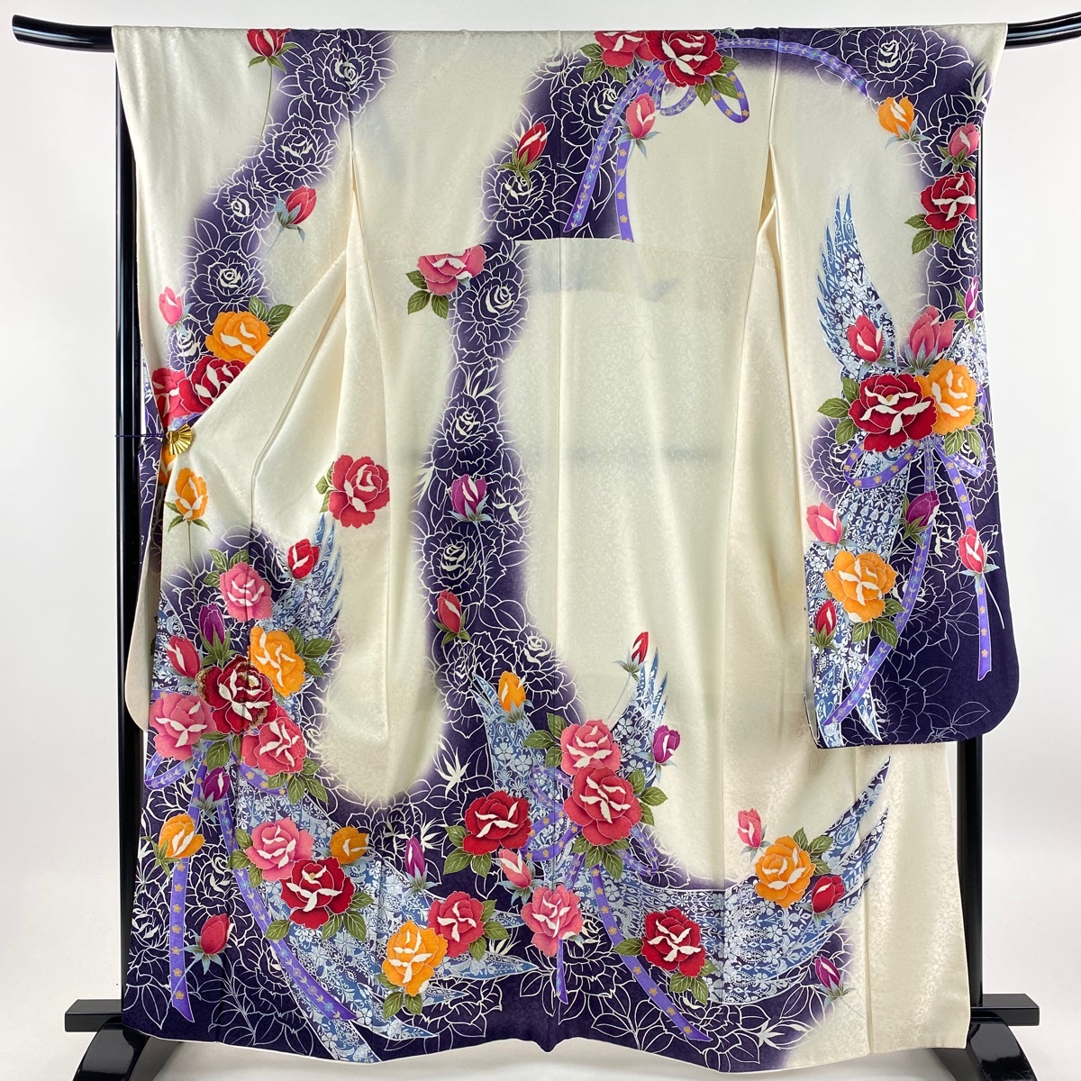 振袖 身丈163.5cm 裄丈68cm L 袷 鈴乃屋 薔薇 箔 ぼかし クリーム 正絹 美品 名品 【中古】_バイセル 14087_1