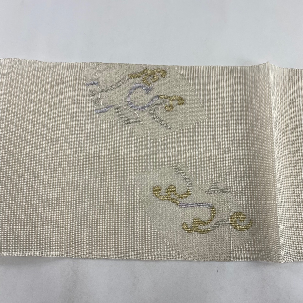 名古屋帯 美品 秀品 夏帯 絽 松葉仕立て 八寸名古屋帯 波頭 扇面 金銀糸 クリーム 正絹 【中古】_バイセル 14118_4