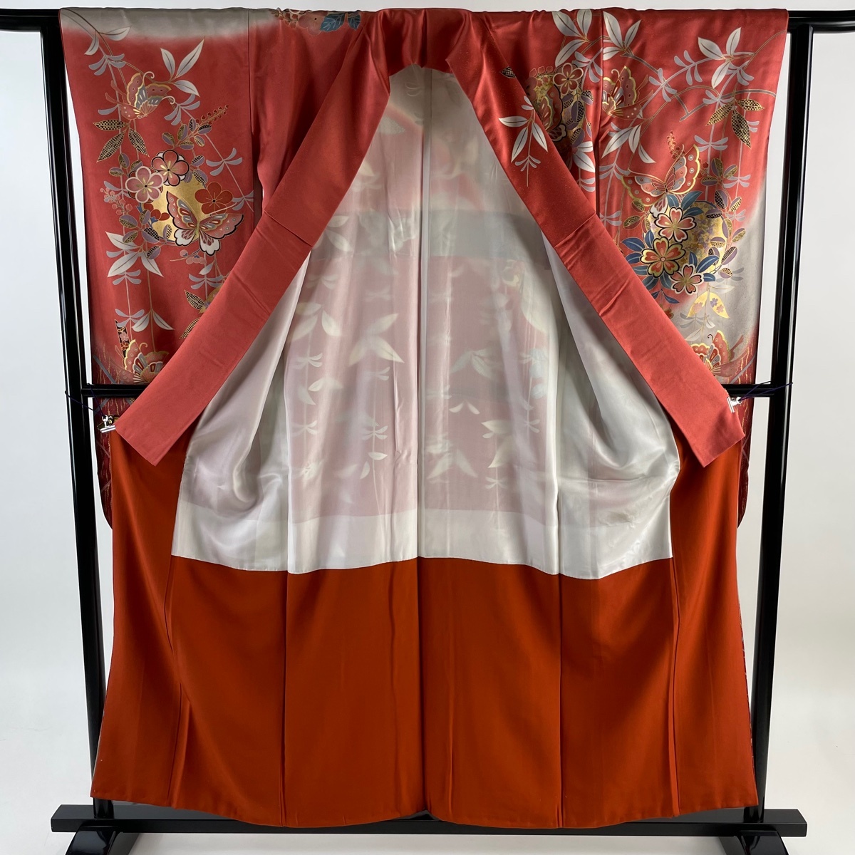  long-sleeved kimono length 156cm sleeve length 64cm M... butterfly Sakura gold thread gold paint . color silk name goods [ used ]