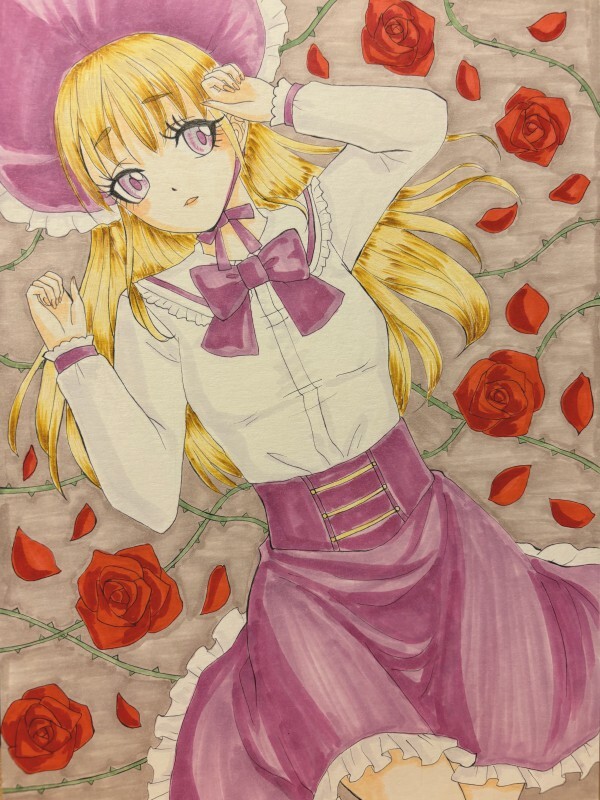  hand-drawn illustrations purple Lolita rose girl A4