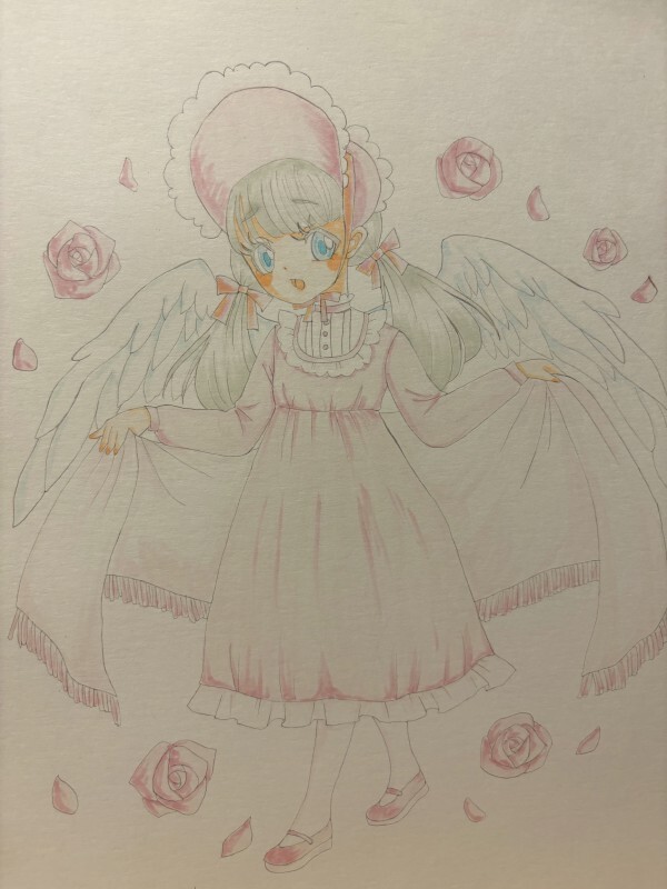 手描きイラスト ピンク ロリータ 天使 女の子 A4の画像1