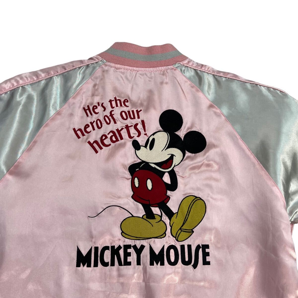 美品 Disney ディズニー ミッキーマウス刺繍 スカジャン サイズM/メンズ (レディース可能)ピンク×シルバー 両面刺繍 人気 袖汚れ有 A2413_画像8