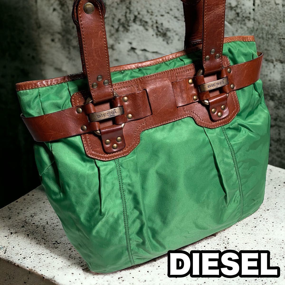 DIESEL イタリア製 グリーン ナイロン レザー トートバッグ 肩掛け可能 A4収納可能_画像1