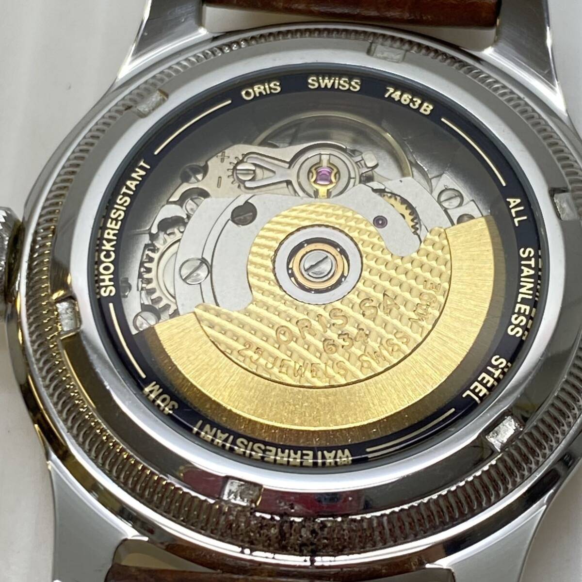 ORIS オリス 腕時計 7463B キャリバー 634 アナログ 25石 オートマ 機械式 自動巻き ポインターデイト スケルトン シルバー ゴールドの画像9