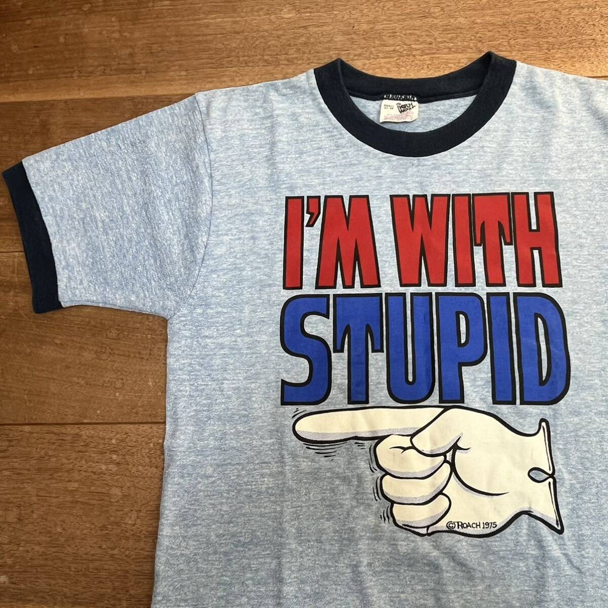 70年代 ヴィンテージ リンガーTシャツ STUPID ダジャレ 1975 USA製 アメリカ製 霜降り メッセージ 半袖Tシャツ 水色 70s S 美品_画像2