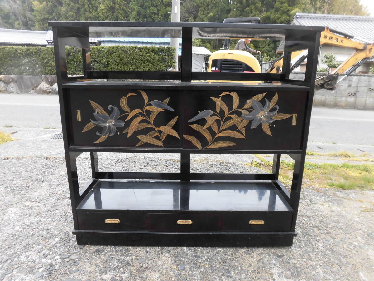 茶箪笥・輪島塗 黒漆塗<草花ゑ・蒔絵 螺鈿><指し物師作り 茶箪笥・輪島塗 黒漆塗<草花ゑ・蒔絵 螺鈿><指し物師作り
