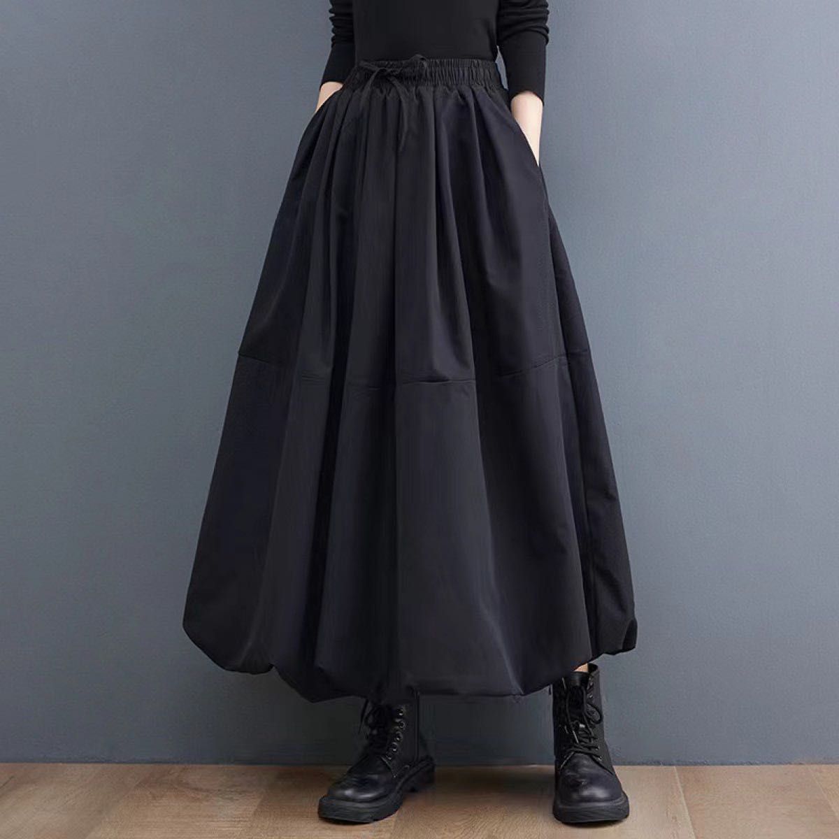 L　バルーンスカート ブラック　黒　ロング モード 大人 ナチュラル 個性派 韓国　ロングスカート　フレアスカート　ゆったり