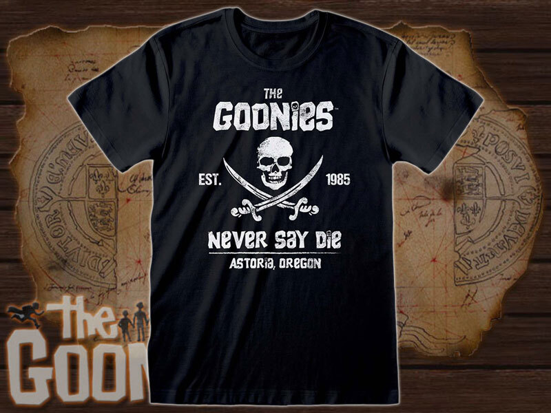 グーニーズ/Never Say Dieスカルロゴ半袖Tシャツ/The Goonies/Mサイズ/Lサイズ/XLサイズ/黒T/映画グッズ/アパレル/洋服/ドクロ_画像1