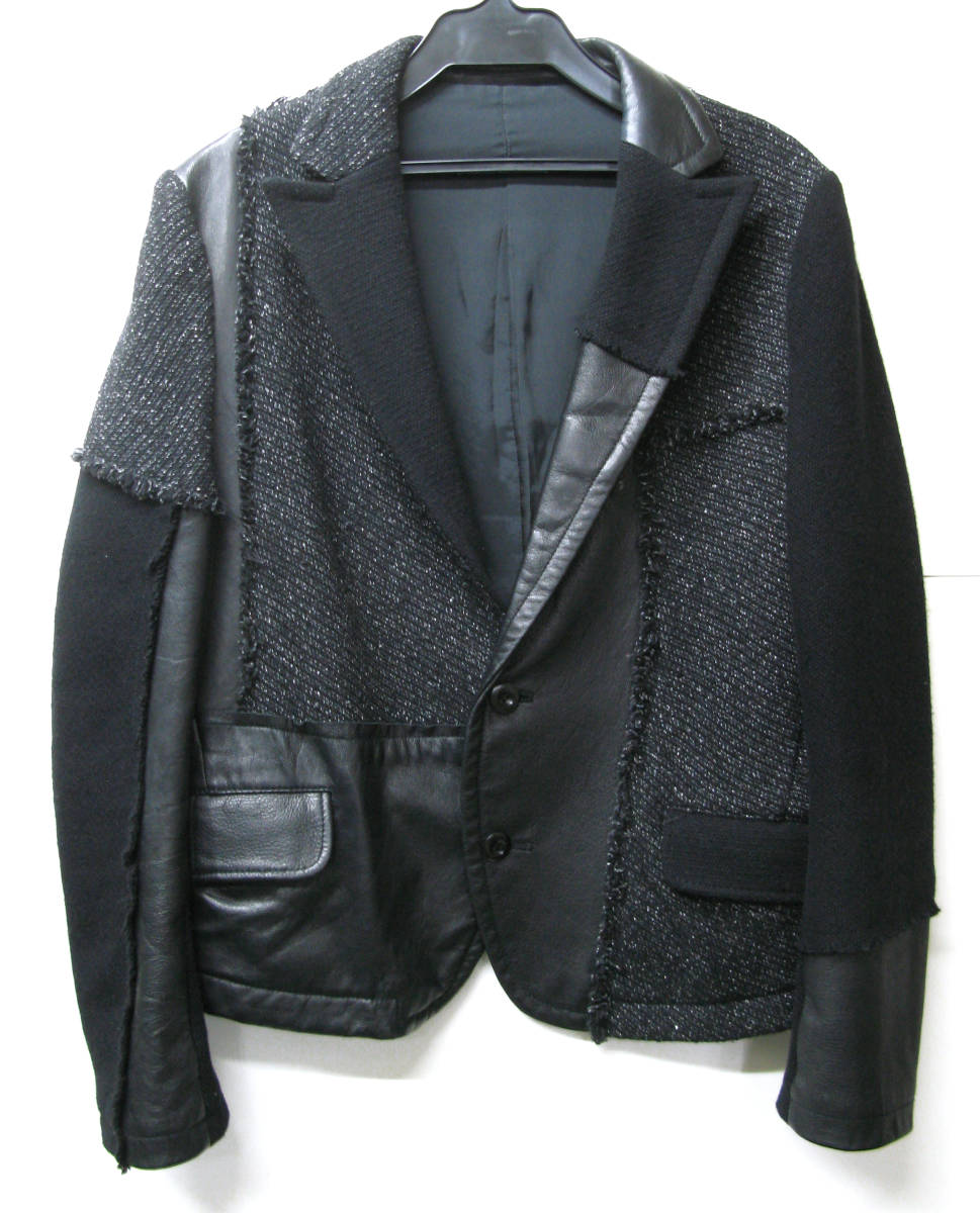 ワイズ：レディース レザー切替 ジャケット ( ヨウジ Yohji Yamamoto Leather パッチワーク レザー 本革 jacket ヨウジヤマモト 古着 買取