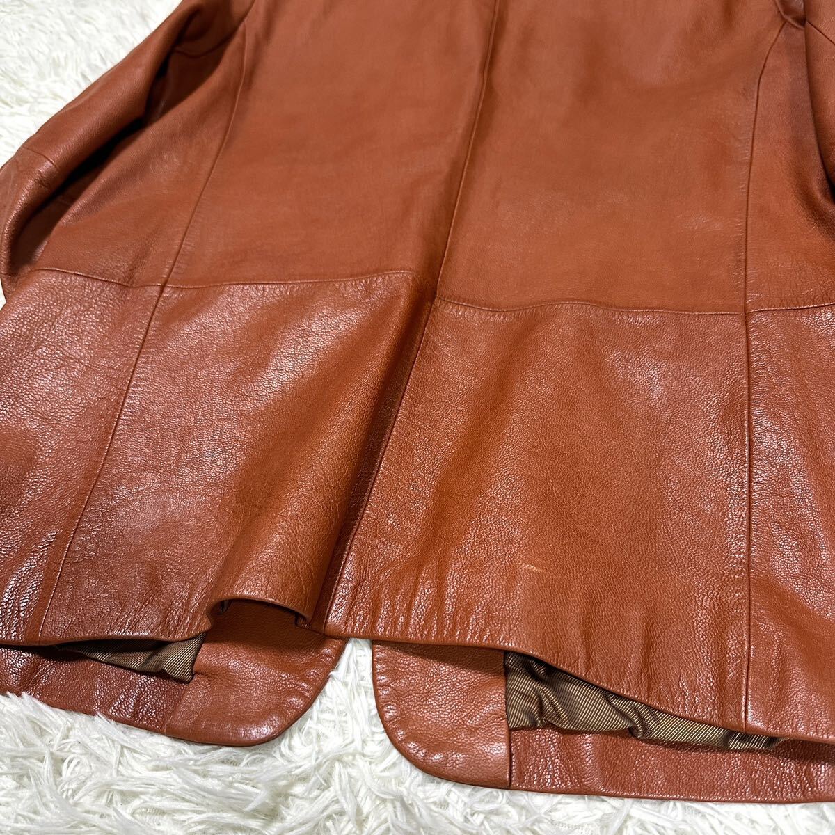 極美品/LLサイズ dual デュアル テーラードジャケット レザージャケット オレンジ ブラウン ゴートレザー 山羊革の画像8