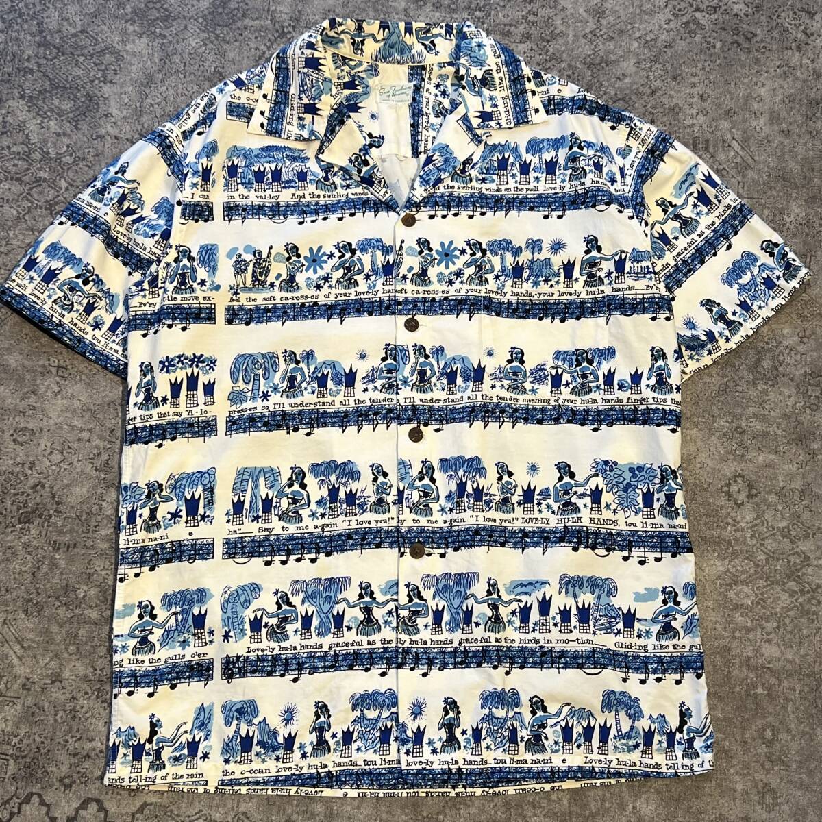 Vintage 60s Aloha Shirt アロハシャツ 柄 総柄 開襟 オープンカラー ホワイト ブルー 60年代 ヴィンテージ ビンテージの画像1