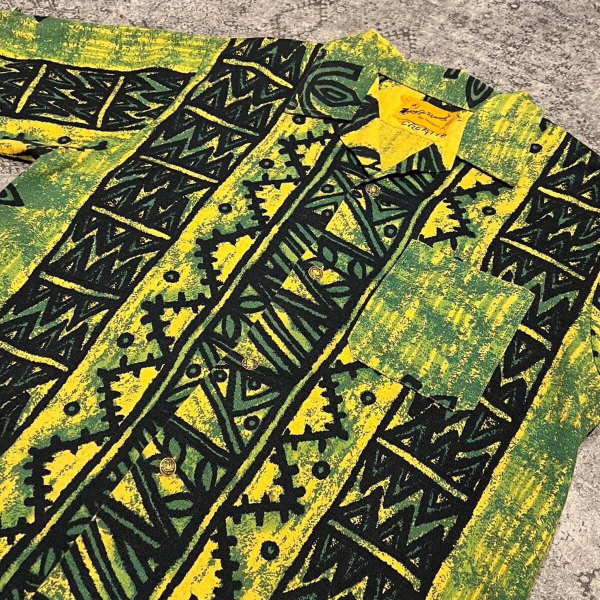 Vintage 60s Aloha Shirt アロハシャツ 古銭ボタン 総柄 グリーン イエロー 60年代 ヴィンテージ ビンテージの画像4