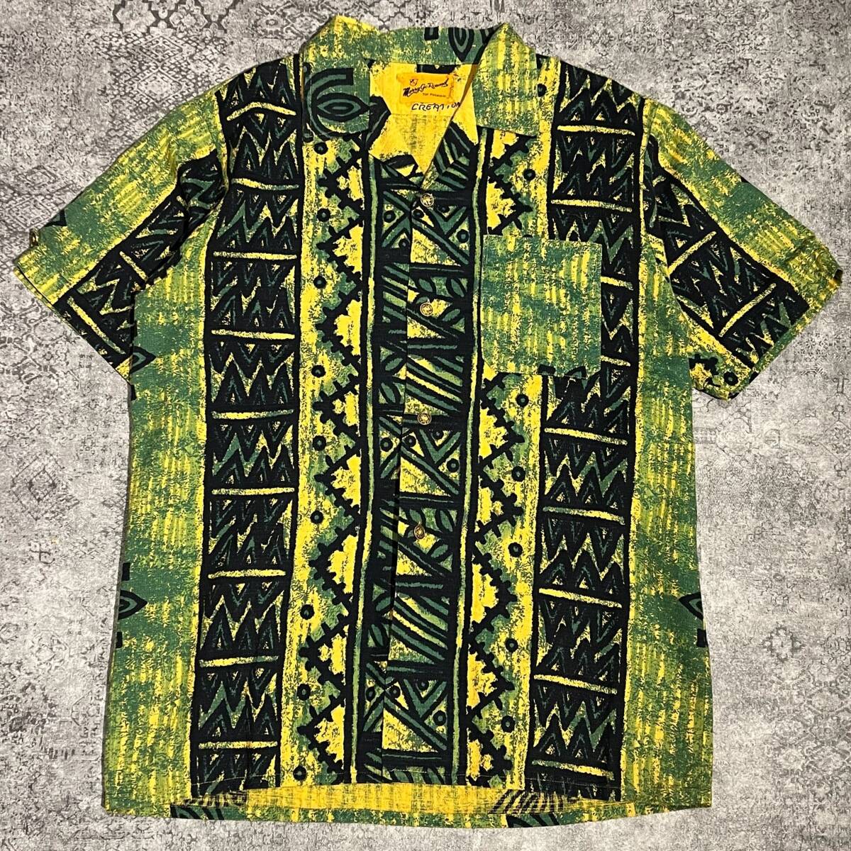 Vintage 60s Aloha Shirt アロハシャツ 古銭ボタン 総柄 グリーン イエロー 60年代 ヴィンテージ ビンテージの画像1