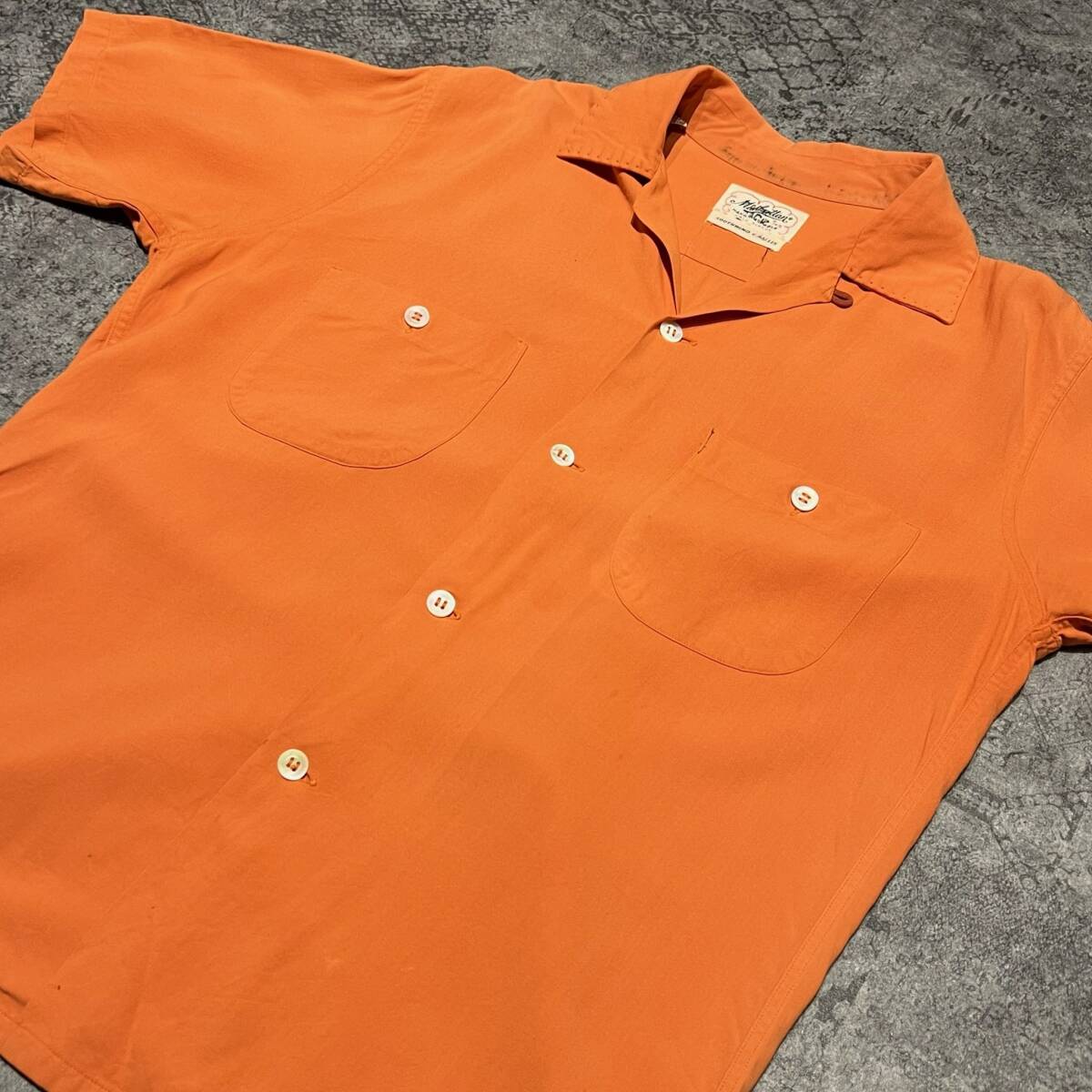 50s Manhattan レーヨン オープンカラー 開襟 ハンドステッチ 半袖 シャツ オレンジ 50年代 ヴィンテージ ビンテージ vintageの画像4