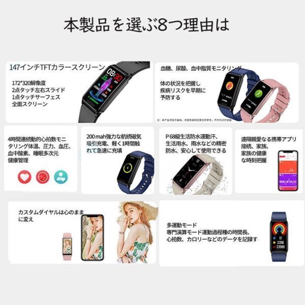 1円 スマートウォッチ 4色 血糖値 日本製 センサー 尿酸値 血圧測定 血中酸素 体温監視 心拍数 IP68防水 iPhone Android対応 日本語1_画像3