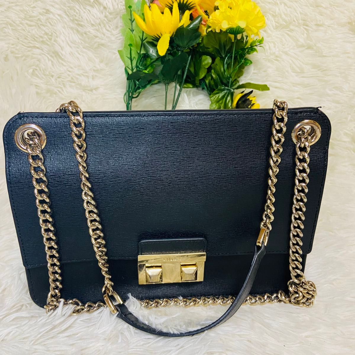 2way●FURLA●フルラ●チェーンショルダーバッグ●ハンドバッグ●ゴールド●ビジネスバッグ●レディース●ゴールド金具●ブラック