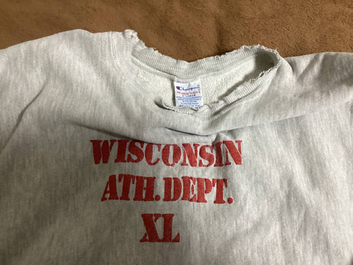 古着 90s USA製 Champion Reverse Weave 「WISCONSIN」 ステンシル リバース スウェット XL 古着◯ウィスコンシン大学◯実寸Lサイズ_画像3