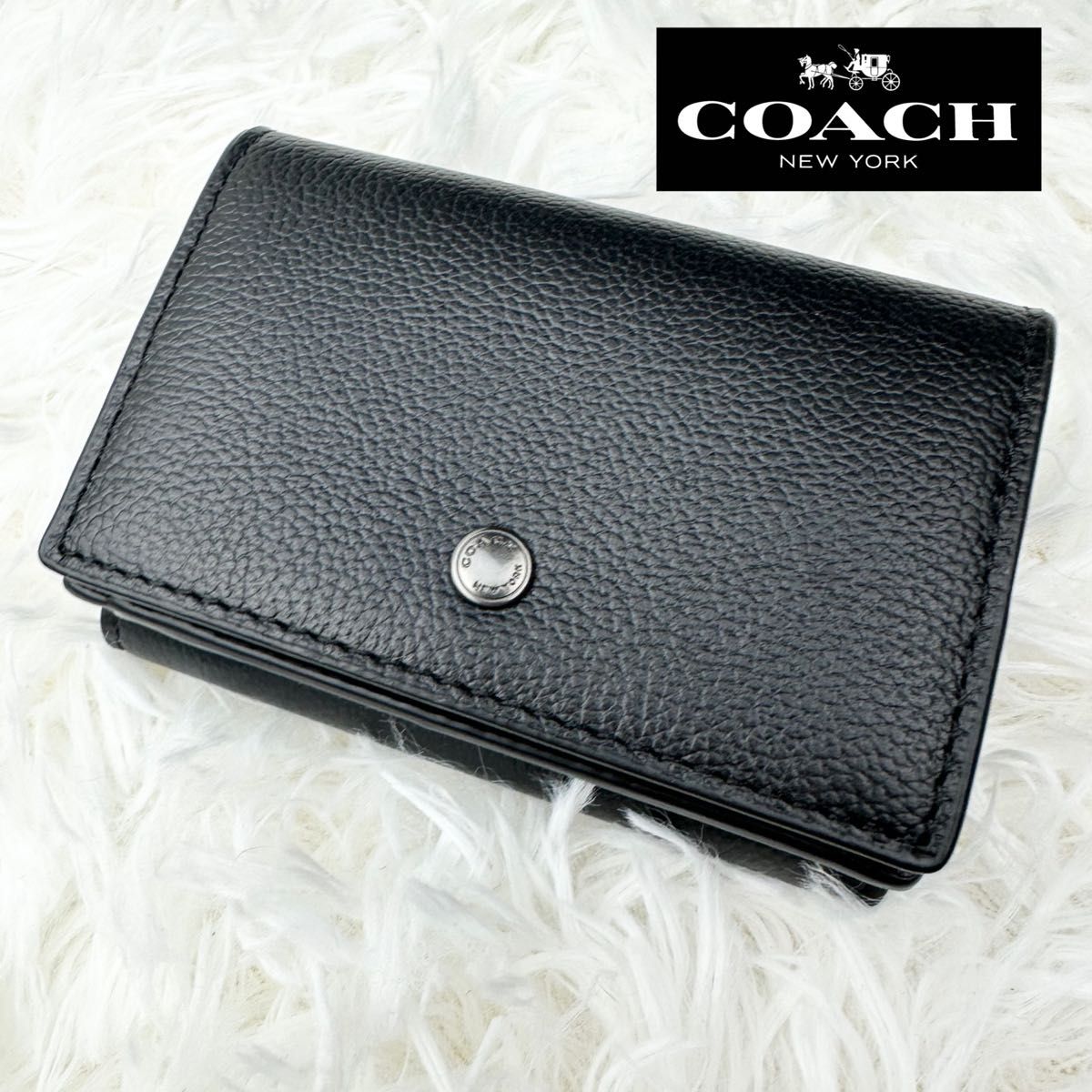 美品 COACH コンパクトウォレットレザー ブラック 折財布　コーチ