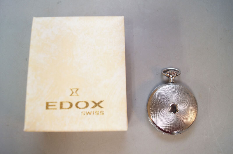 yh69-EDOX エドックス 懐中時計 2針 スモールセコンド 手巻き式 シルバー 箱付の画像1