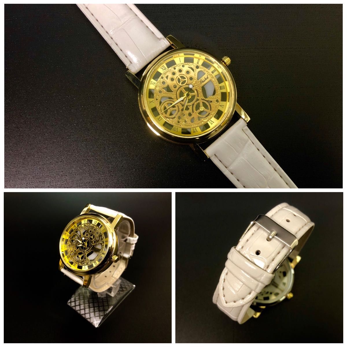 腕時計　時計 メンズ ステンレススチール 高品質 レザー 革 ベルト　アナログ　クォーツ ゴールド ウォッチ ギリシャ文字 時計