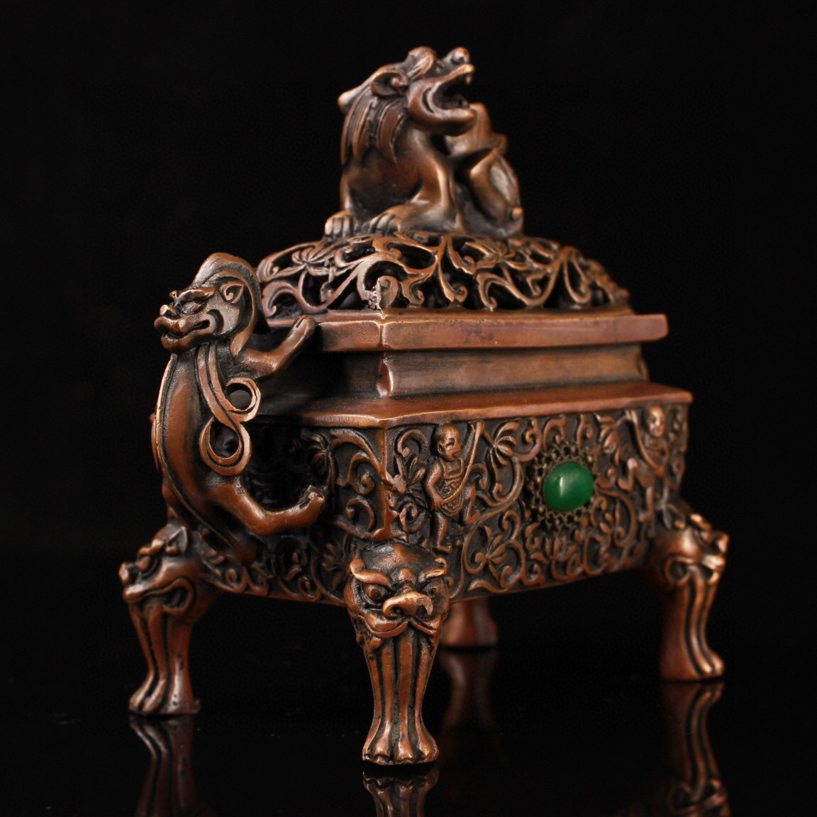 蔵友館蔵品・銅製・寶石嵌・雙龍耳・獅蓋四足熏香炉】・ 蔵友館蔵品・銅製・寶石嵌・雙龍耳・獅蓋四足熏香炉】・