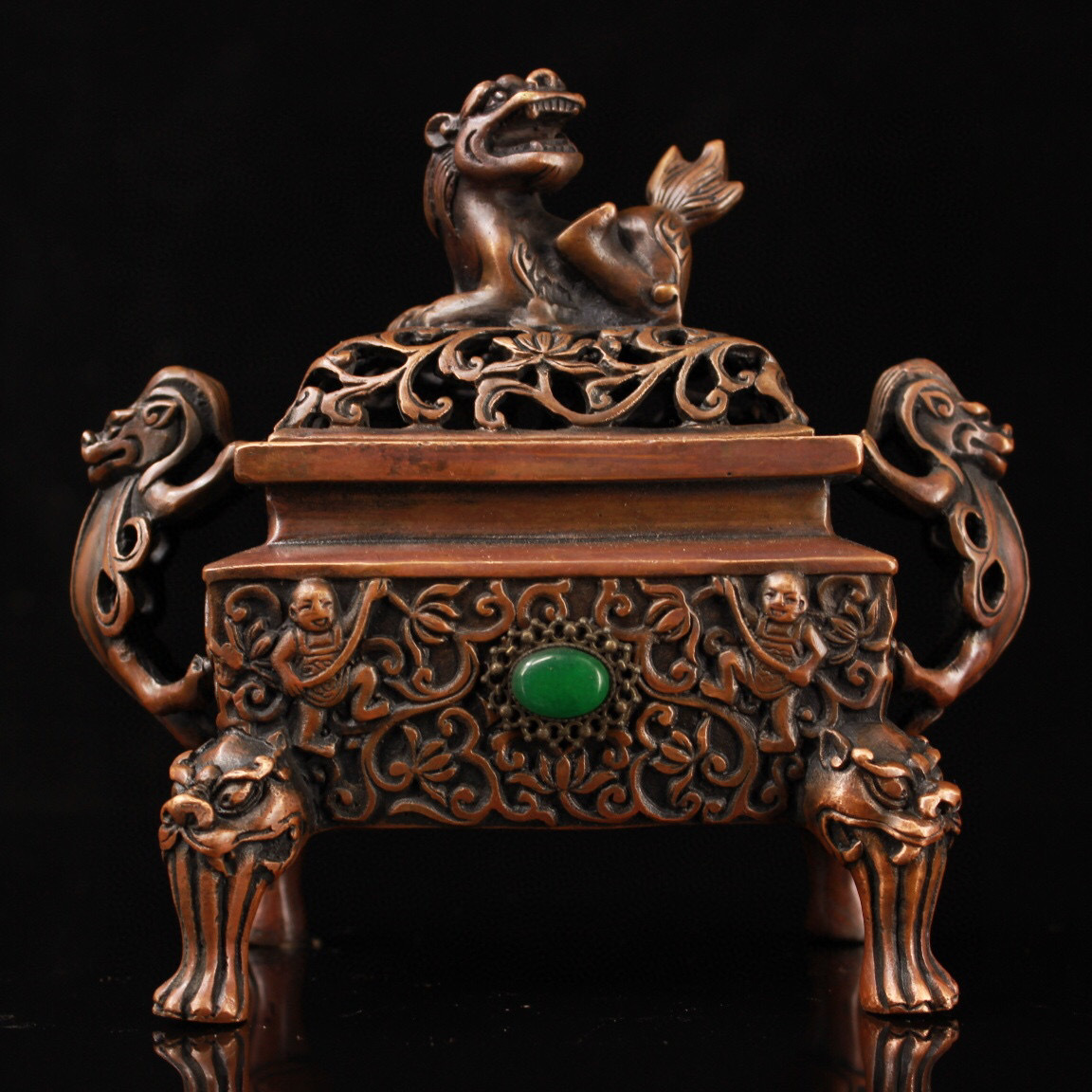 蔵友館蔵品・銅製・寶石嵌・雙龍耳・獅蓋四足熏香炉】・ 蔵友館蔵品・銅製・寶石嵌・雙龍耳・獅蓋四足熏香炉】・