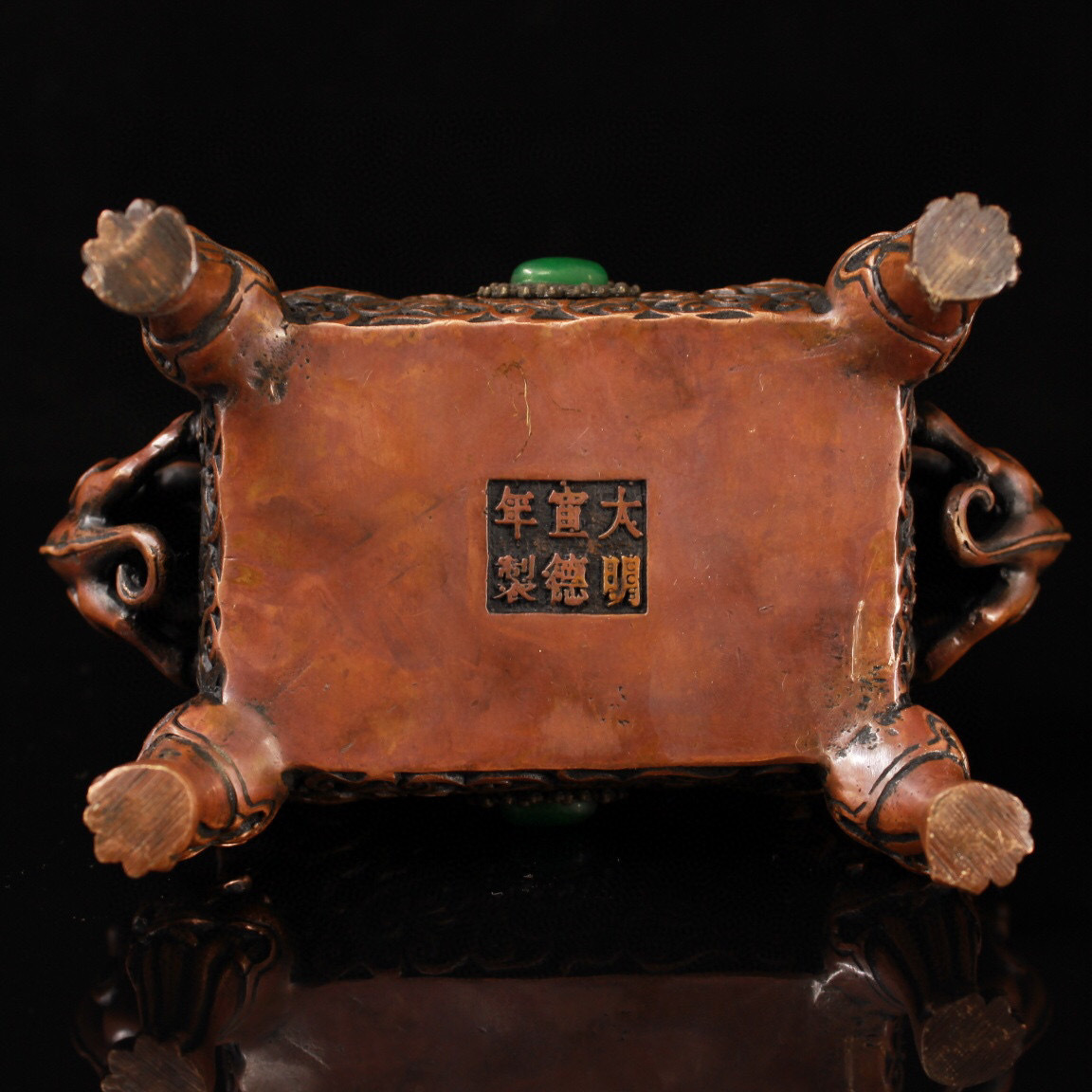 蔵友館蔵品・銅製・寶石嵌・雙龍耳・獅蓋四足熏香炉】・希少珍品 蔵友館蔵品・銅製・寶石嵌・雙龍耳・獅蓋四足熏香炉】・希少珍品