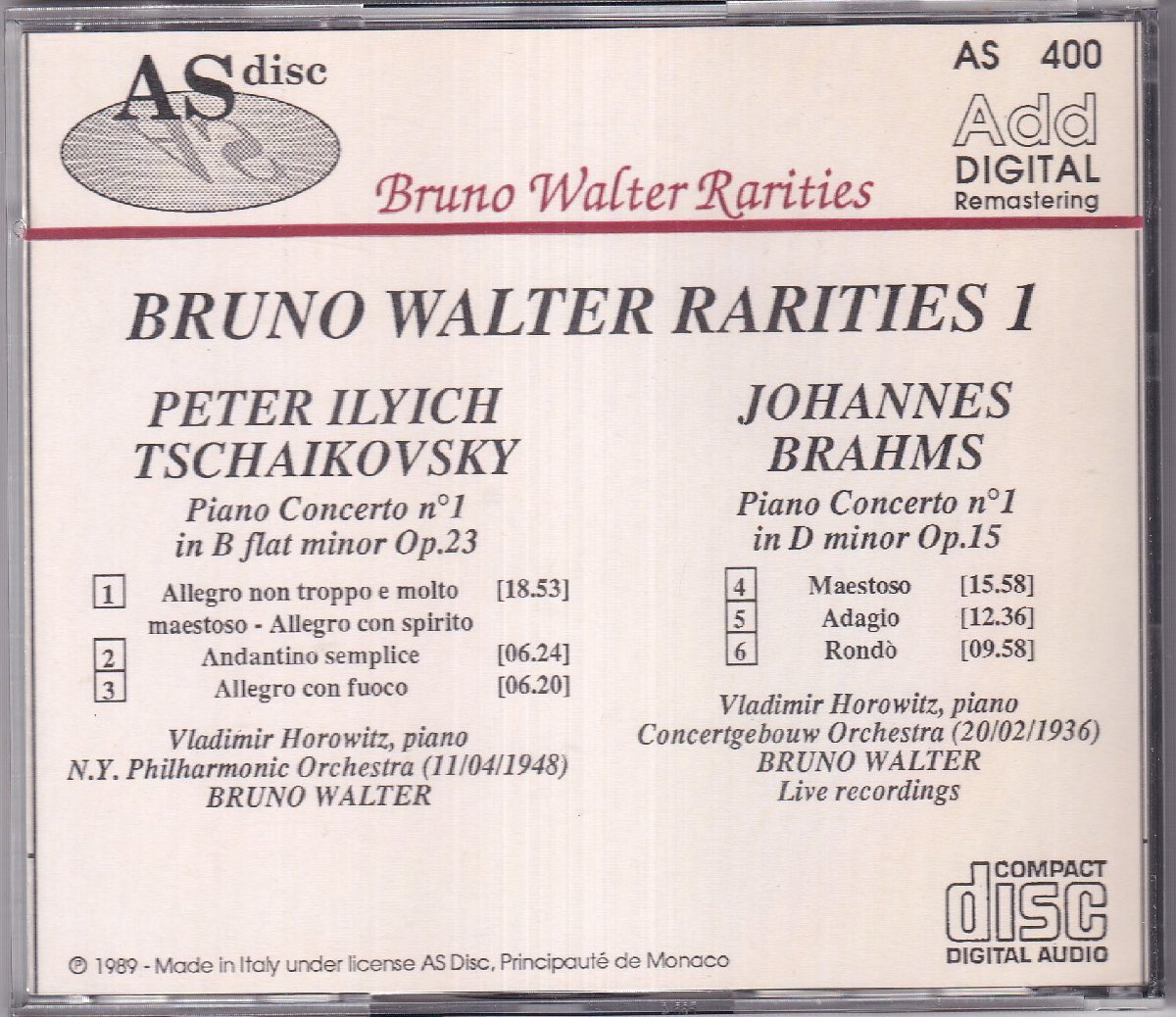 ASdisc　チャイコフスキー&ブラームス　ピアノ協奏曲1　ホロヴィッツ(P)　ワルター(指揮)_画像2