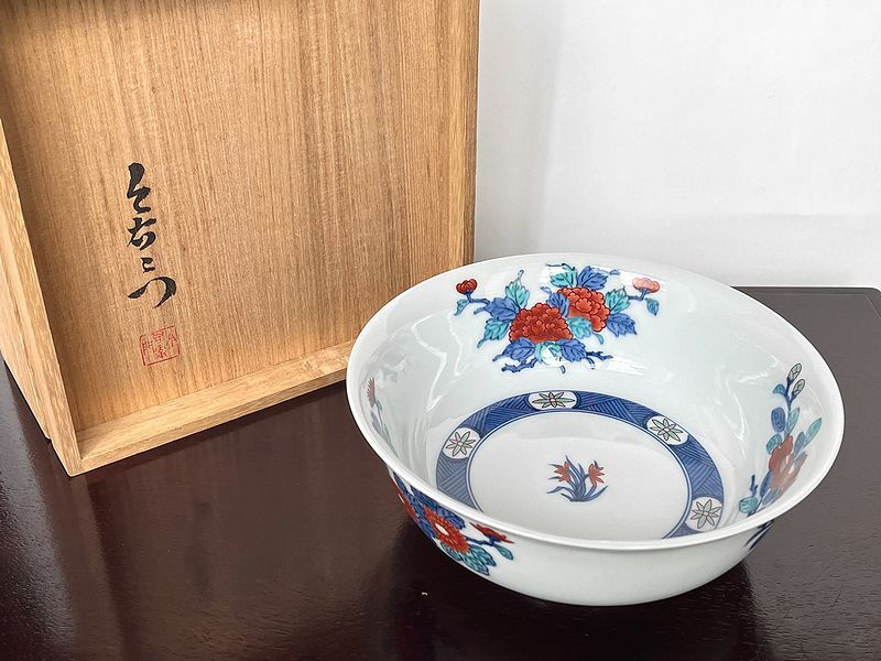 美品 有田焼 人間国宝 今泉今右衛門 染錦花絵 菓子鉢 共箱付 古伊万里 古美術