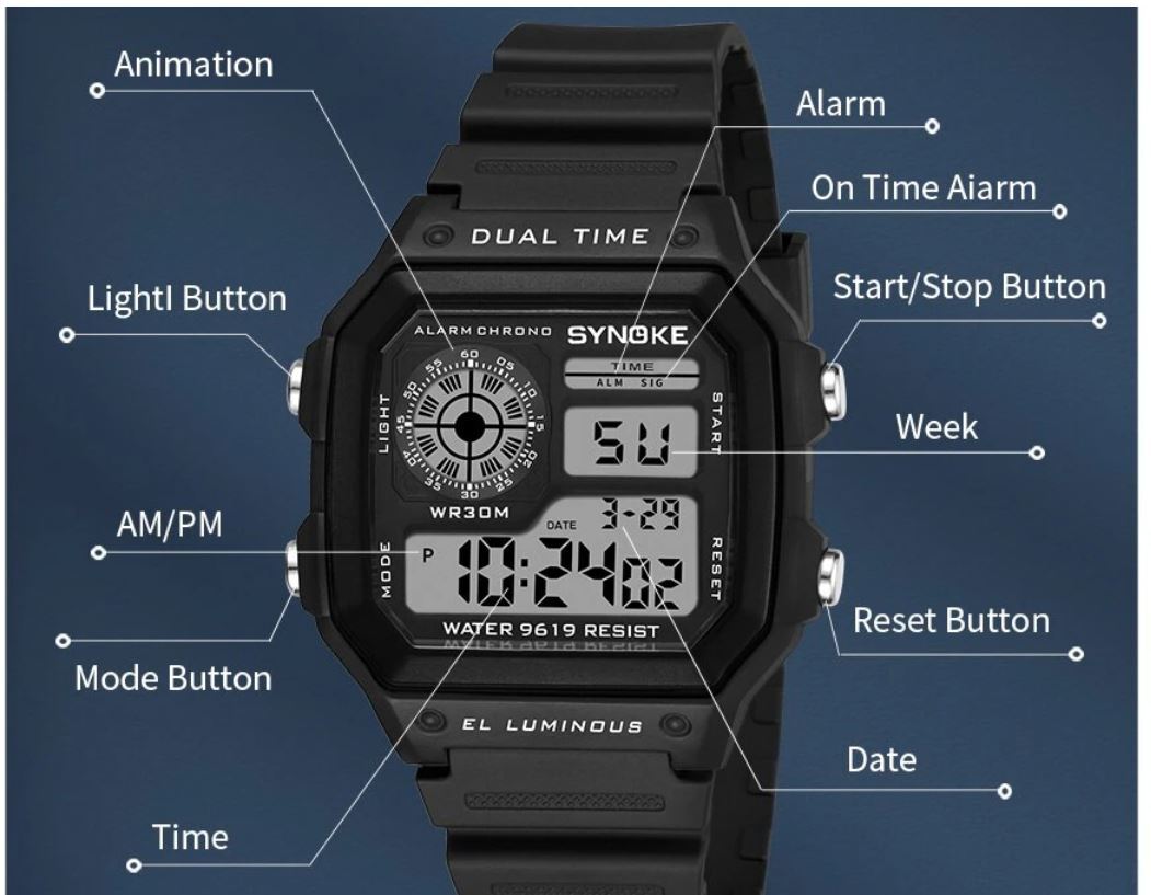 送料無料 未使用品 ブラック SYNOKE Eスポーツ デジタル 防水 スクエアウォッチ メンズ 腕時計 の画像9